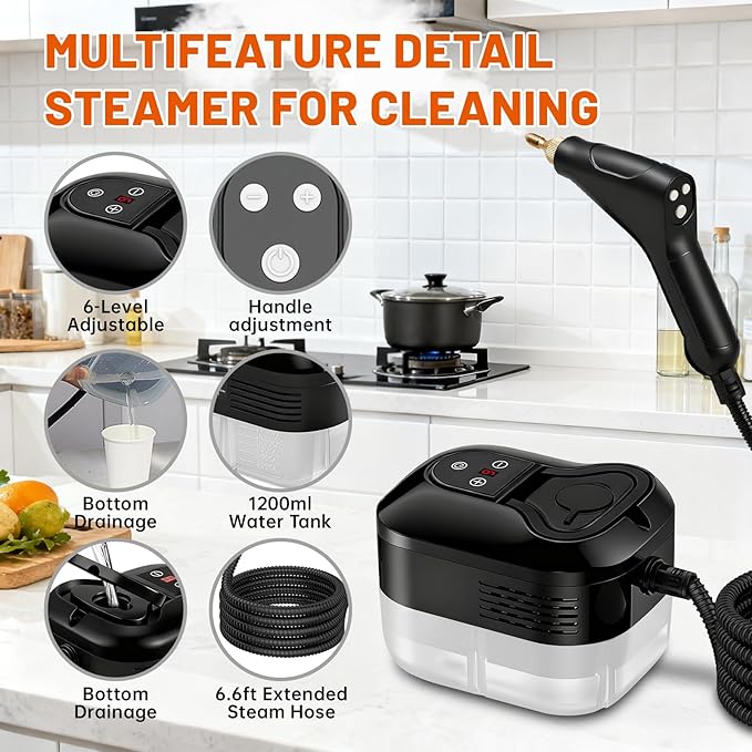 Pressurized Handheld Steam Cleaner for Home, 15s Fast Heat-Up, High-Temperature Steam, 6-Level Adjustable Control, 1.2L Large Tank, Portable Steamer for Kitchen, Tile, Grout, Floors, Car(Black)