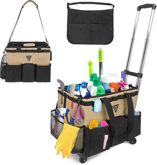 Professional Cleaning Kit - Durable Cleaning Caddy Bag with Black Apron and Trolley, Water-Resistant Organizer for Cleaning Supplies, PVC Polyester Cleaning Bag for Housekeepers - (Brown)