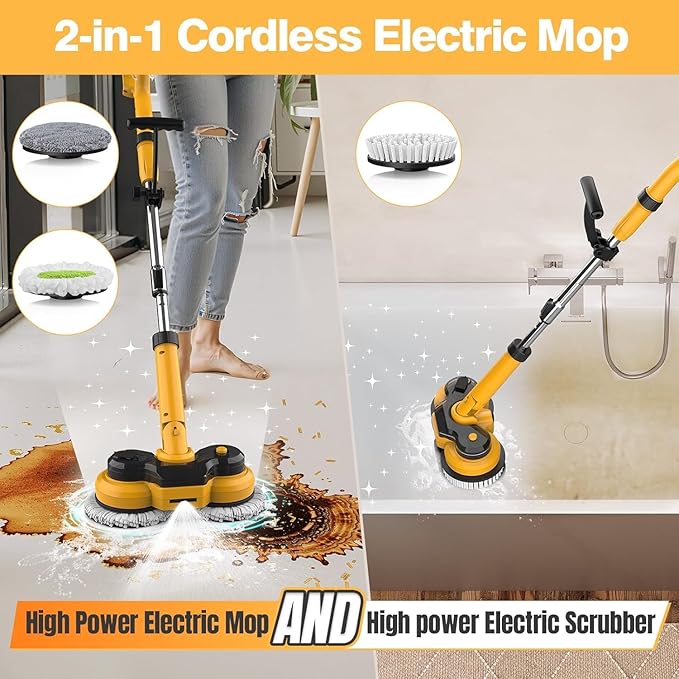 Cordless Electric Mop for Dewalt 20V Battery (NO Battery), 2 in 1 Spin Mop & Electric Floor Scrubber Machine with LED Light & Water Spray, 800 RPM Rotating Electric Mops for Floor Cleaning (Golden)