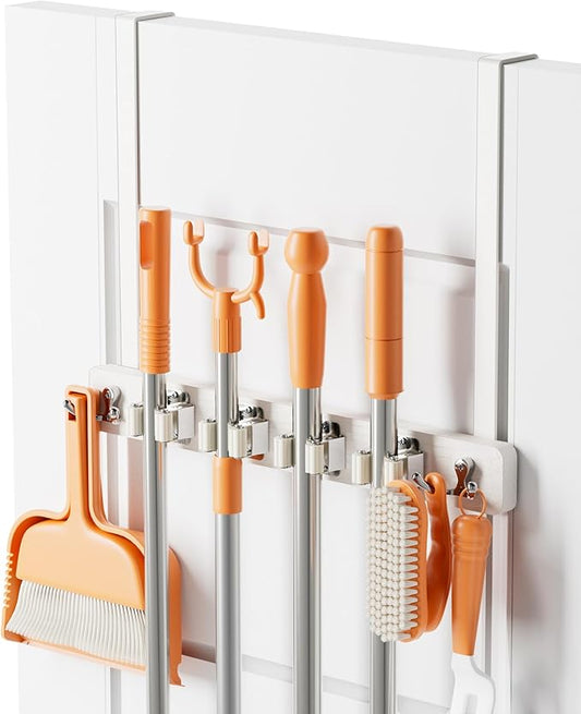 Mop and Broom Holder Wall Mount, No Drill Over the Door Broom and Mop Holder with 4 Slots and 4 Hooks, Wood Tool Hanger for Laundry, Cabinet, Kitchen, Garage