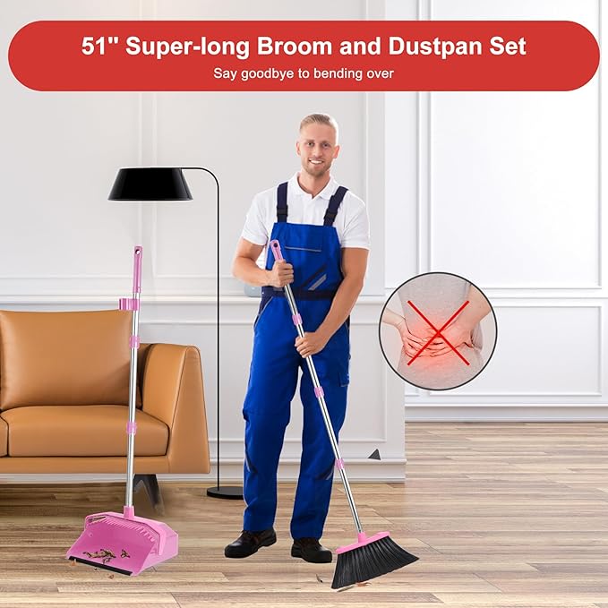 Broom with Dustpan Combo Set, 51'' Broom and Dustpan Set, Brooms and Dust Pan with Handle, Brooms with Standing Dustpans, House Broom for Pets Hair and Floor Cleaning - Pink