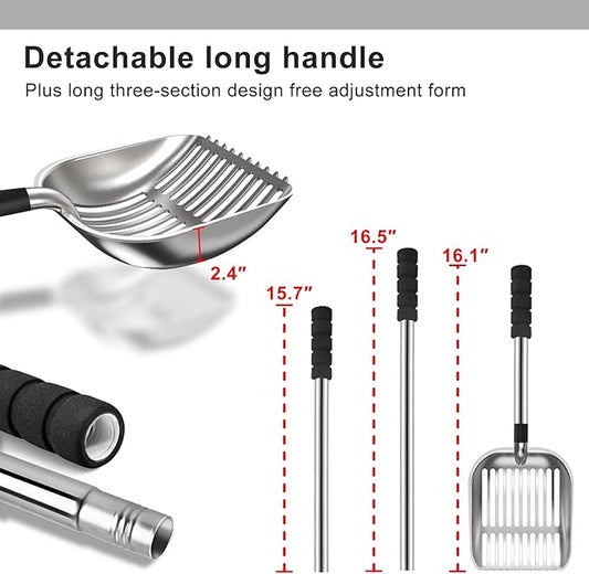 Cat Litter Scoop, Metal Litter Scooper with Deep Shovel, Scooper Long Handle Detachable Components Stainless Litter Scooper，Large Durable Cat Litter Shovel with Foam Pad Grip(Silver Color)