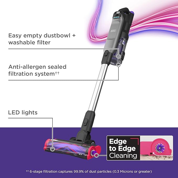 BLACK+DECKER Cordless Vacuum, Stick Vacuum Cordless for Hardwood Floor and Carpet, LED Floor Lights, Bagless, Lightweight Portable, Removable Floorhead, SUMMITSERIES (BHFEA640WG)