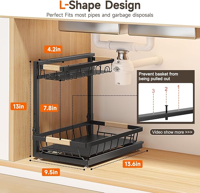 2 Packs Under Sink Organizer, Height Adjustable 2 Tier Under Kitchen Sink Organizer, Multi-Purpose Storage Shelf for Kitchen Bathroom Cabinet (Black)