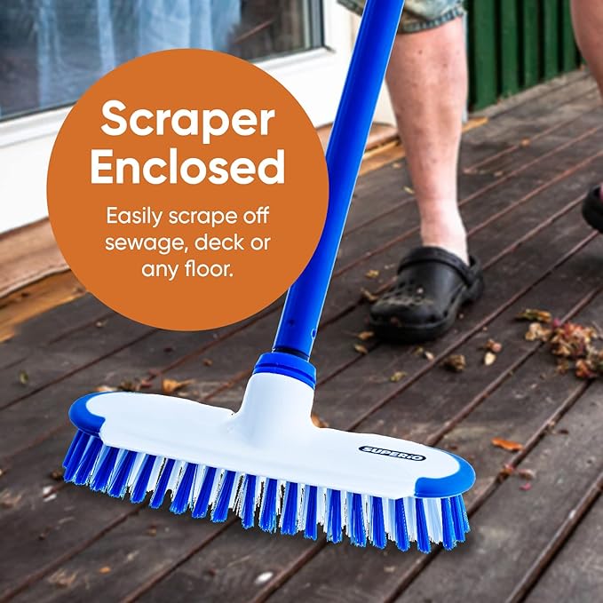 Superio Deck Scrub Brush with Long Handle 48 Inches, Heavy Duty Stiff Bristles Grout Scrubber with Scraper - Cleans Hot Tub, Swimming Pool, Granite Tiles, Bathroom, Patio, Kitchen, Wall and Deck