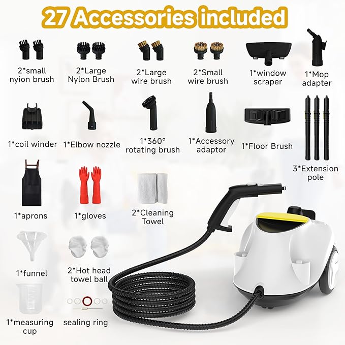Steam Cleaner,Multipurpose Neat Canister Steamer with 21 Accessories, 5 Mins Heating with 1.5L Tank,Rolling Cleaning Machine for Carpet, Floors,Windows,Mirrors,Glass and Cars (White3)