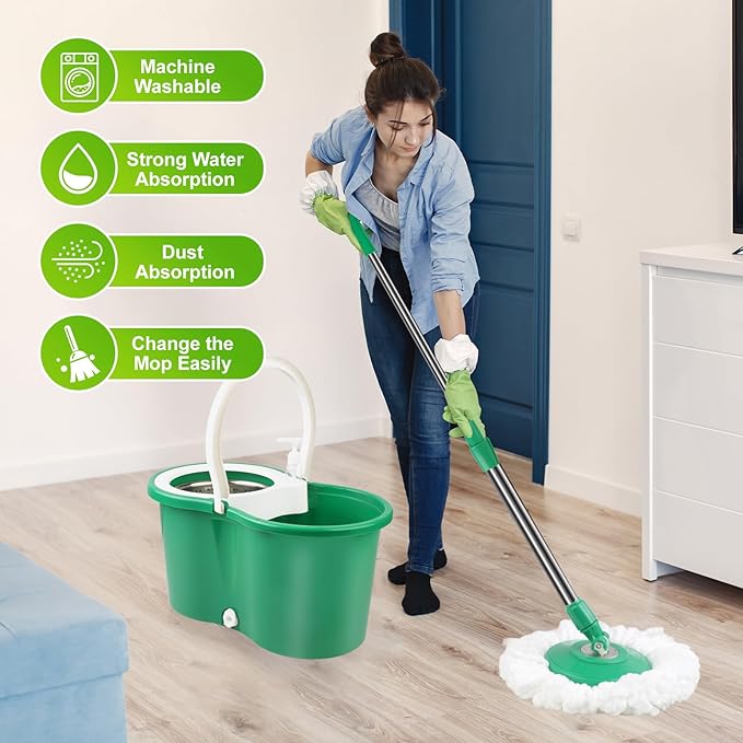 Spin Mop and Bucket with Wringer Set, 360°Spin Mop & Bucket Floor Cleaning System Mop Bucket with Adjustable Extended Handle 3 Microfiber Replacement Head Refills, Green