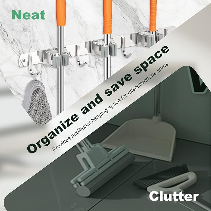 3 Pack Broom Holder Wall Mount 3 Racks 4 Hooks Stainless Steel Broom Mop Holder Anti Slip Storage Rack Strong Load Bearing Waterproof Broom and Mop Organizer Wall Hanging for Bathroom Kitchen Garage
