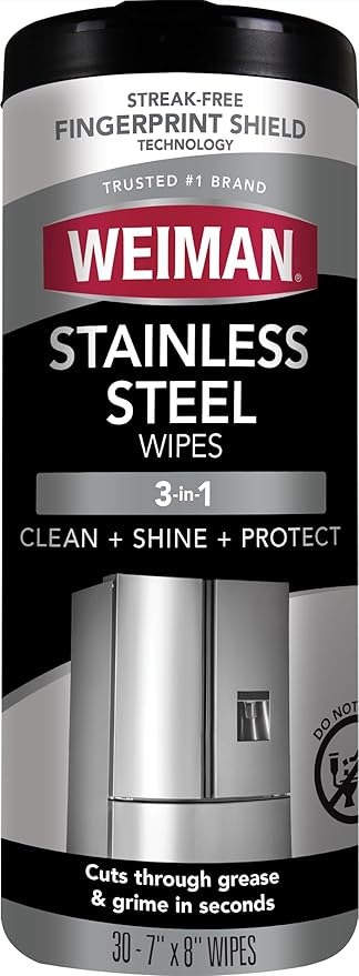 Weiman Stainless Steel Cleaner, 30 Count Cleaning Wipes, Removes Dirt, Grime, and Grease, No Streaks or Residue, Stainless Steel Polish for a Sparkling Clean and Shiny Surface, Cleaning Supplies