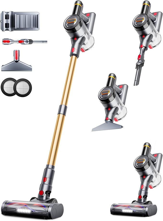 Cordless Vacuum Cleaner, 550W 45Kpa 60Mins Vacuum Cleaners for Home, Anti-tangle Stick Vacuum with Self-Standing, Wall Mount Charging, LDE Display, Wireless Vacuum for Carpet Pet Hair Hardfloor