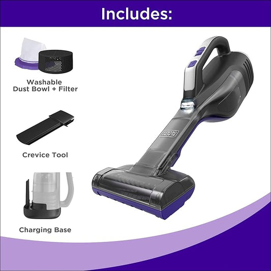 BLACK+DECKER dustbuster Reveal Pet Hair Vacuum, Hand Held Vacuum Cordless Portable for Home and Car, Rechargeable, LED Light, Powerful Suction, Includes Pet Brush and Crevice Tool (HLVD320BP07)