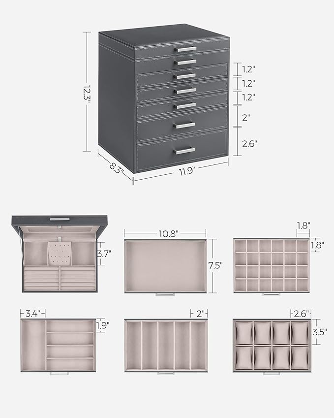 SONGMICS Jewelry Box, 6-Tier Jewelry Organizer, Large Jewelry Case with Big Mirror, 5 Drawers, Large Capacity, Jewelry Storage, Modern Style, Gift for Loved Ones, Gray UJBC138G01