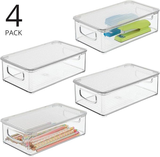 mDesign Plastic Storage Bin Box Container with Lid and Built-in Handles - Organization for Pens, Pencils, or Work Supplies in Home Office, Cabinet, or Desk Top, Ligne Collection - 4 Pack - Clear