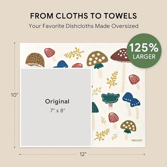 RECYCO Swedish Dishcloths for Kitchen | 4 Pack Oversized Washable Dish Rags | Large Cellulose Reusable Cleaning Paper Towels | Absorbent Counter Dish Cloth Sponge XL Kitchen Wipes, 12" L x 10" W