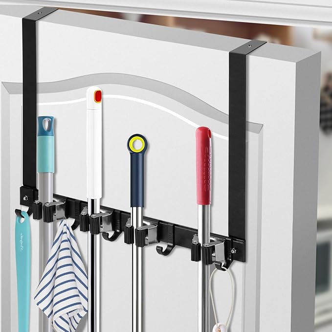 SLIIMU Over Door Movable Broom and Mop Hanging Holder with Sliding 4 Rack 5 Hook, Metal Mop and Broom Holder Wall Mount with 2 Over Door Hook, Door Mount Storage Organizer for Closet Garage Laundry