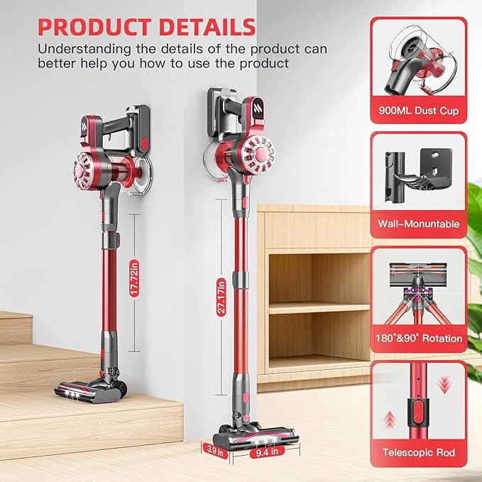 Cordless Vacuum Cleaner for Home, Lightweight Stick Vacuum Cordless Rechargeable with Power Suction, Up to 35 Mins Runtime, Hardwood Floor Vacuum for Pet Hair, Carpets, Tile(Red)