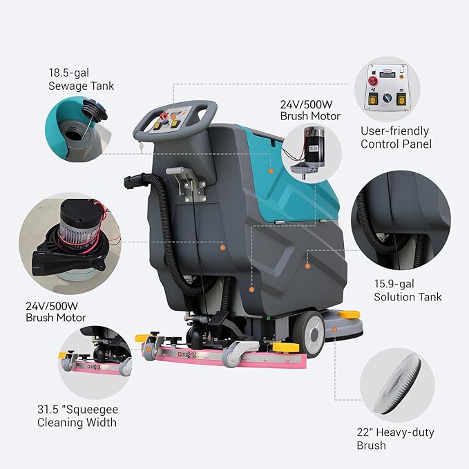 Walk-behind Floor Scrubber Machine, 22" Cleaning Width, 31.5" Suction Width, 18.5-gal Sewage Tank, 15.9-Clear water tank, 32000 Sqft/h, Complete Set of Parts