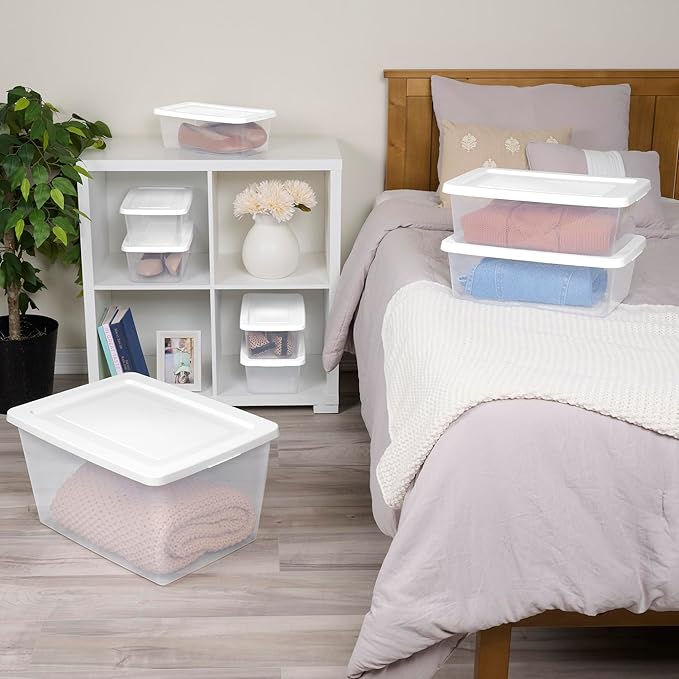 Sterilite 12 Pack Storage Box, 12 Quart Stackable Tote, Clear Plastic Container with Secure Snapping Lids for Home and Office Organization, White
