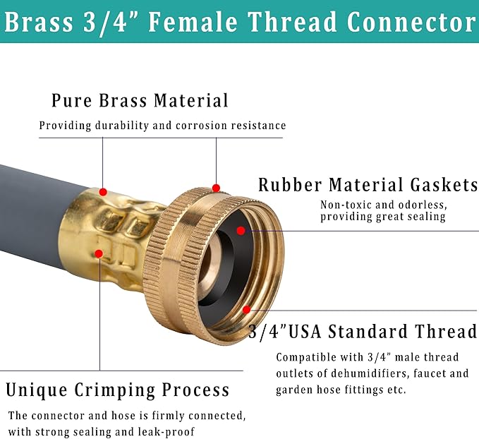 16FT Dehumidifier Drain Hose with 3/4” FHT Brass Rustproof Connector, Versatile Drain Hose Perfectly Compatible with most Dehumidifiers and 3/4” external thread outlet, No Leak (Grey, 16FT)