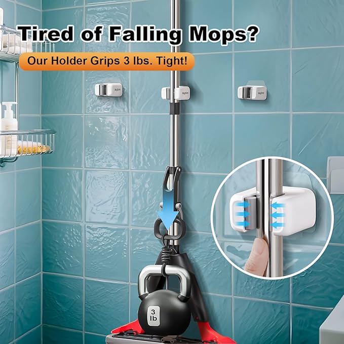funest 6 Pack Mop and Broom Holder Wall Mount, No Drill Needed Self Adhesive, Non-Slip Mop Grippers for Tile Walls - Kitchen, Bathroom, Garage（White）