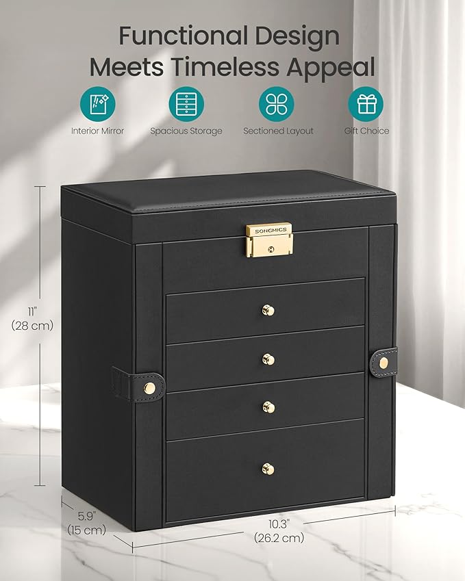 SONGMICS 5-Layer Jewelry Box Organizer with 4 Drawers, Jewelry Storage Case with Lock and Mirror, Large Storage Capacity, Gift for Loved Ones, for Necklaces, Watches, Ink Black UJBC153BZ01S