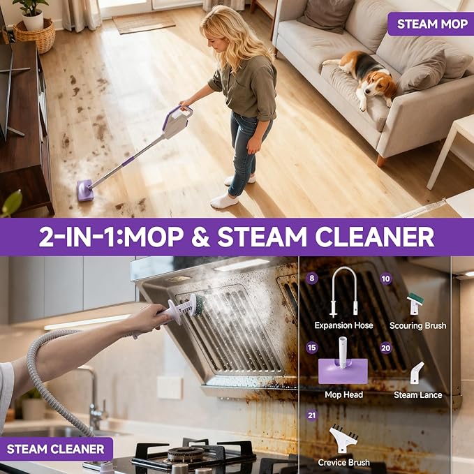 Steam Mop, Powerful Detachable Handheld Steamer with 350ml Tank, 23FT Power Cable, Steam Mops for Floor Cleaning, Tiles, Windows, Tile Grout, Carpets, Furniture