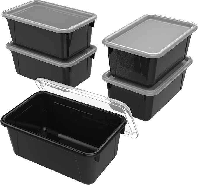 Storex Small Cubby Bins – Plastic Storage Containers for Classroom with Non-Snap Lid, 12.2 x 7.8 x 5.1 inches, Black, 5-Pack (62463U05C)