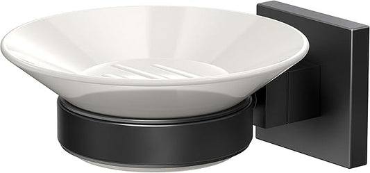 Gatco 1942MX Elevate Soap Dish Holder Matte Black | Wall Mounted 4.31" W X 2.10" H X 5.25" D Porcelain Round White Soap Dish with Matte Black Base for Bathroom