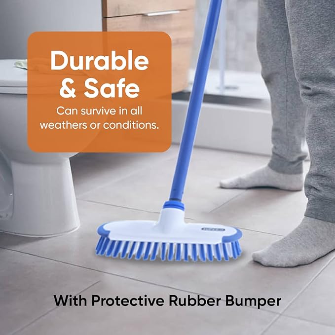 Superio Deck Scrub Brush with Long Handle 48 Inches, Heavy Duty Stiff Bristles Grout Scrubber with Scraper - Cleans Hot Tub, Swimming Pool, Granite Tiles, Bathroom, Patio, Kitchen, Wall and Deck