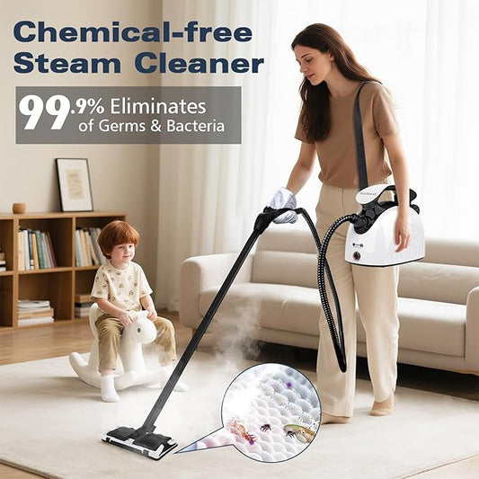 Steam cleaner, complete with 21 accessories, 248 °F high temperature, 1.1 l water tank, suitable for cleaning ovens, carpets, sofas, upholstery, toys and smooth floors.
