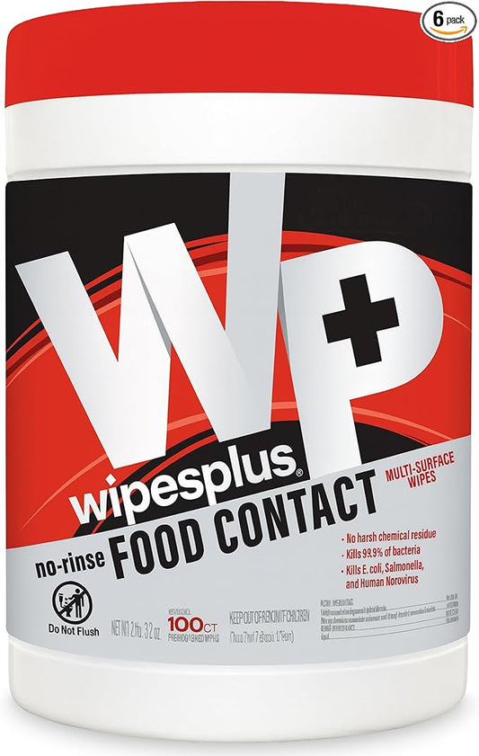 WIPESPLUS No-Rinse Food Contact Wipes Canister Multi-Surface Wipes, Unscented for Home and Business, 600, (6 Packs of 100)