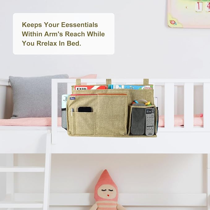 Surblue Bedside Caddy Hanging Bed Organizer Storage Bag Pocket for Bunk and Hospital Beds, College Dorm Rooms Baby Bed Rails, Camp 8 Pockets, (Large, Linen)