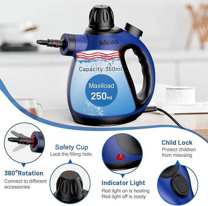 KLONA Portable Steam Cleaner, Hand Held steamers for cleaning house, Home Multi Purpose - 10-Piece Accessory Kit for Sofa, Upholstery, Carpets