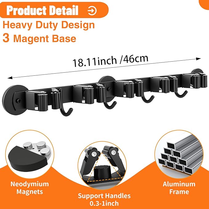 Magnetic Broom Holder Wall Mount with 4 Hooks and 5 Rack- Heavy Duty Non-Slip Mop Hanger for Wet Mops&Cleaning Tools on Refrigerator,Metal Door,Garage,Kitchen,Laundry Room