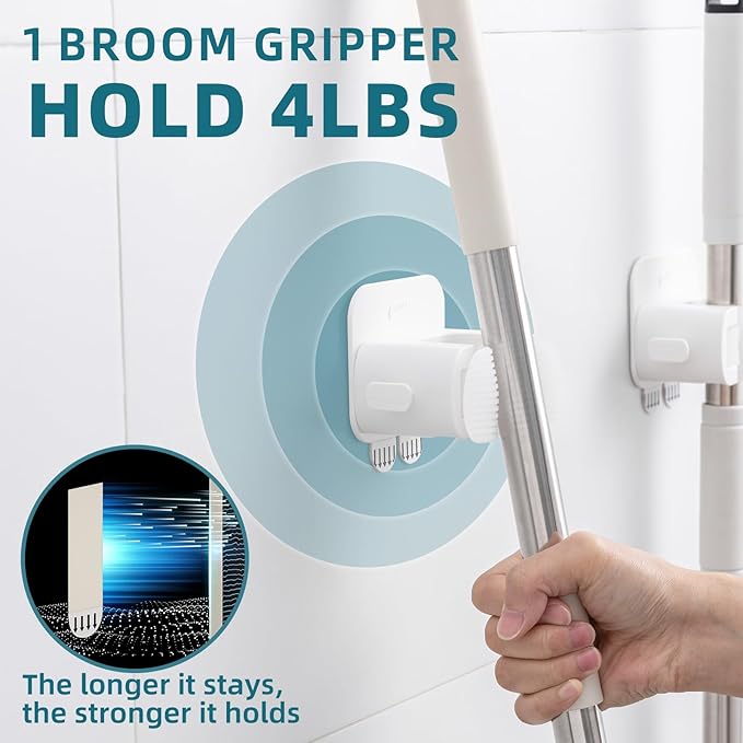 TAILI Mop and Broom Holder Wall Mount Grippers, 3 Hangers and 8 Adhesive Strips, Damage Free Hanging Wall Mount, Household Cleaning Organizer for Organization and Storage, Holds up to 4 lbs, White
