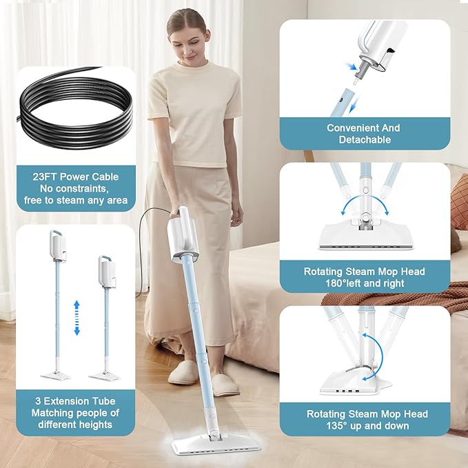 7-in-1 Steam Mop, 1200W Rotated Steam Cleaner for Home, 2 Modes, 400ML Removable Tank, 23FT Power Cord, 2 Pads, Multi-Surface Steamer for Hard Floor, Laminate Floor, Tiles Cleaning（Lake Blue）