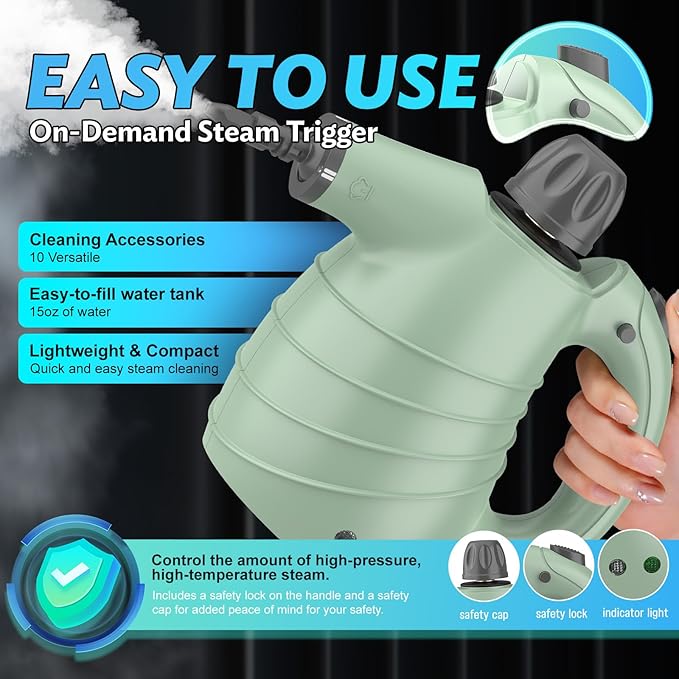 Handheld Steam Cleaner for Home, High-Pressure Chemical-Free Steamer with 10 Accessories for Deep Cleaning and Less Scrubbing on Kitchen Grease, Bathroom Tile and Grout, Floor, Carpet, Couch and Car