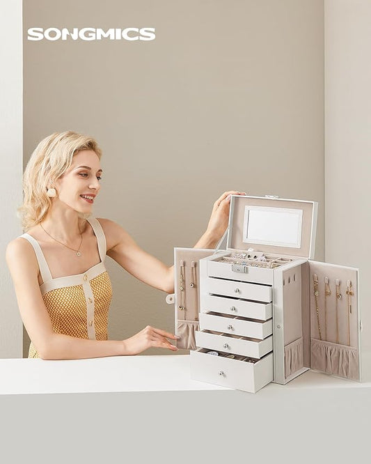SONGMICS 6-Layer Jewelry Box Organizer with 5 Drawers, Jewelry Storage Case with Lock and Mirror, Large Storage Capacity, Gift for Loved Ones, for Necklaces, Watches, White UJBC152W01