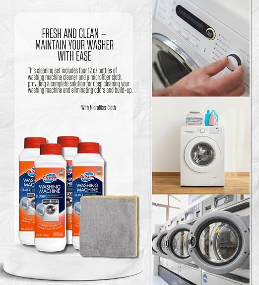 4x Washing Machine Cleaner 12 oz Bundle with Microfiber Cloth– Cleans Residue, Odors, and Mineral Buildup in HE and Standard Washers– Laundry Machine Cleaner and Deodorizer– Gift Set (5 Items)