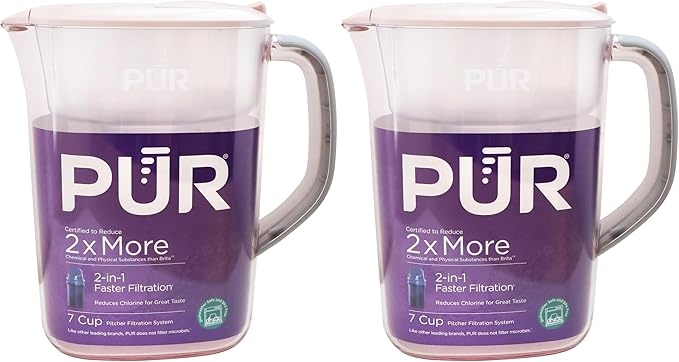 PUR 7-Cup Water Pitcher, 1 Genuine Filter, Cleaner, Great-Tasting Water, Dishwasher Safe, Powerful, Faster Filtration, LockFit Cap Design - Blush (Pack of 2)