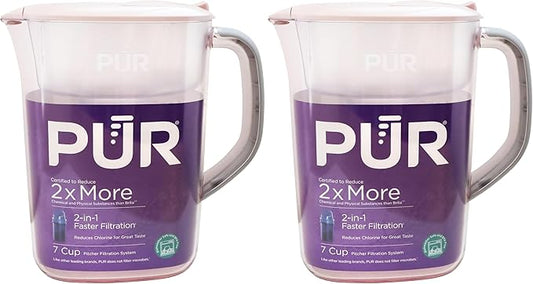 PUR 7-Cup Water Pitcher, 1 Genuine Filter, Cleaner, Great-Tasting Water, Dishwasher Safe, Powerful, Faster Filtration, LockFit Cap Design - Blush (Pack of 2)