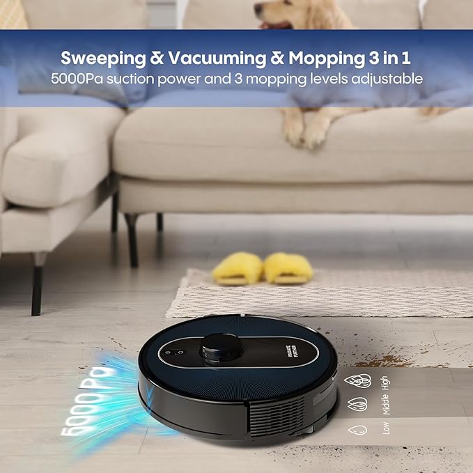 Robot Vacuum and Mop Self Emptying, 5000Pa Suction, LiDAR Navigation, Smart Obstacle Avoidance, Home Mapping, No-Go Zone, 60-Day Hands-Free Cleaning, Idear for Homes with Pets, Carpet & Hard Floors