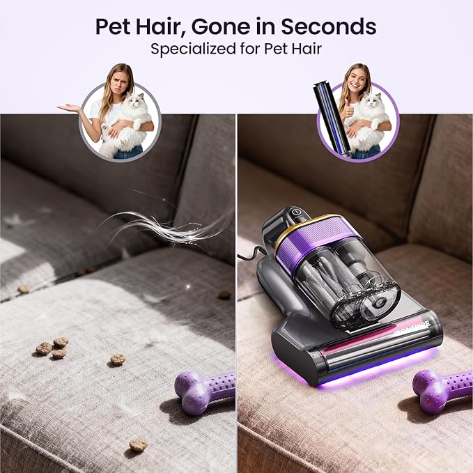 Bed Vacuum Cleaner, Mattress Vacuum with 2 Roller Brushes 253.7nm UV-C Light & Ultrasonic,145°F Heat, HEPA Filter, 18kPa Suction 650W Powerful Handheld Vacuums for Dust & Pet Hair(Corded)