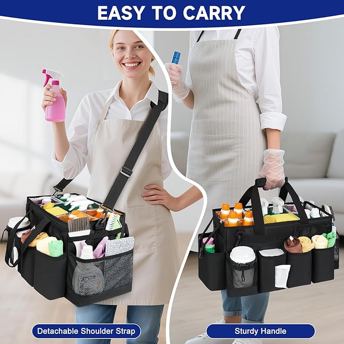 Cleaning Caddy Bag, Extra Large Cleaning Supplies Organizer for Housekeepers, Housekeeping Caddy with Handle and Detachable Padded Cushion, Black