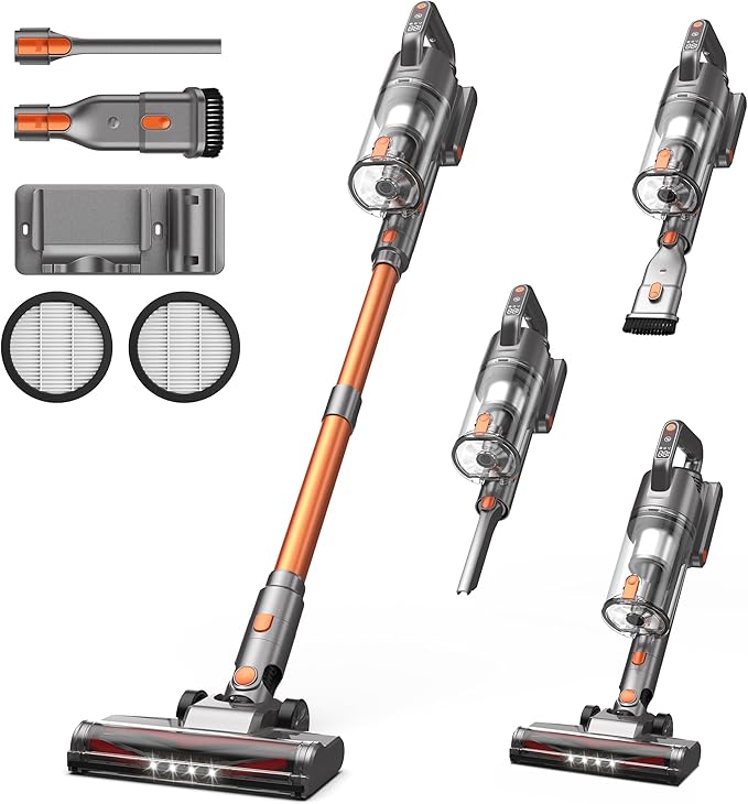 Zefiro Cordless Vacuum Cleaners for Home,600W/50KPA, 55 Mins Runtime Battery Stick Vacuum Rechargeable with Anti-Tangle Brush, 1.5L Cup Vacuum for Pet Hair/Carpet/Floor