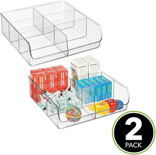 mDesign Plastic Home Office Wide Bin Organizer with 6 Compartments for Cabinets, Closets, Drawers, Desks, Tables, Workspace - Staple, Notepad, Paperclip Holder - Ligne Collection - 2 Pack - Clear
