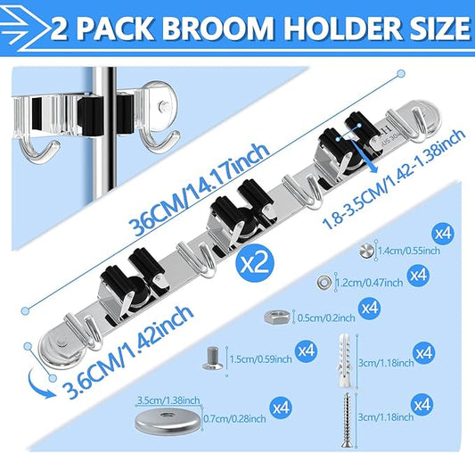 3-H Magnetic Broom Holder Wall Mount 2 Pack, 2-in-1 Dual Mount (No Drill or Screw Fix), 304 Stainless Steel Heavy Duty Magnet Mop Broom Organizer for Kitchen Garden Garage(3 Racks & 4 Hooks, Silver)