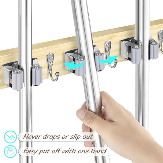 Mop and Broom Holder Wall Mount - Light Wood Broom Mop Hanger - Wall Mounted Garden Tool Rack Organizer for Closet Garage Laundry Room Kitchen With 4 Slots & 4 Hooks