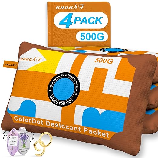 4 x 500 Grams [4.4 lbs] Rechargeable Silica Gel Car Dehumidifier, Large Capacity Moisture Absorbers Bags, Color Indicating Desiccant Packs for Storage, Reusable Gun Safe Dehumidifier