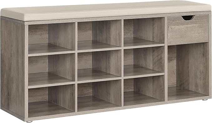 VASAGLE Custos Collection - Storage Bench, Entryway Bench with Cushion, Drawer and Open Compartments, Bench with Storage, Living Room, Bedroom, Closet, Heather Greige and Cappuccino Beige ULHS024K02